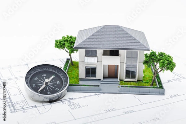 Obraz 家の模型と方位磁石　家相　風水　白背景
