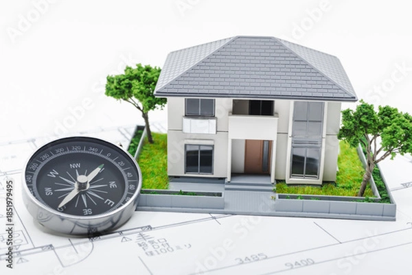 Obraz 家の模型と方位磁石　家相　風水　白背景