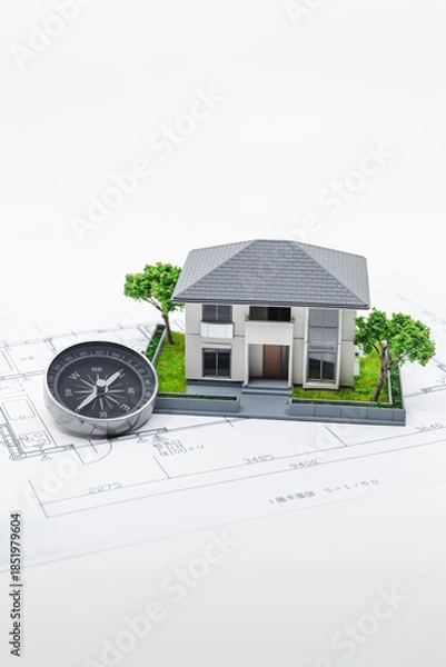 Obraz 家の模型と方位磁石　家相　風水　白背景