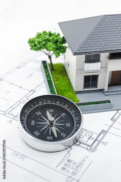 Obraz 家の模型と方位磁石　家相　風水　白背景