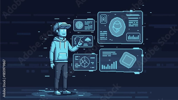 Obraz Pixelated Man Interacting With Futuristic Digital Interfaces and Data Displays