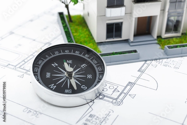 Obraz 家の模型と方位磁石　家相　風水　白背景