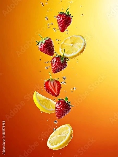 Obraz Vertical Floating Strawberries and Lemon Slices with Bubbles on Orange Gradient