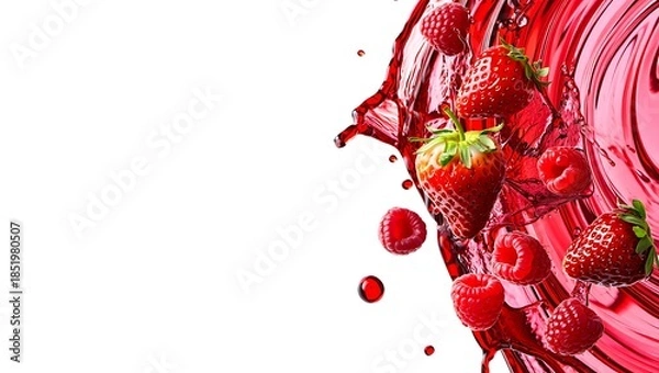 Obraz Dynamic Red Berry Fruit Juice Explosion with Ripe Strawberries and Raspberries
