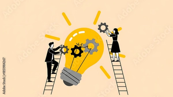 Obraz Two professional business partners on ladders collaborating to build a creative idea by installing gears inside a glowing light bulb symbolizing innovation teamwork and technology