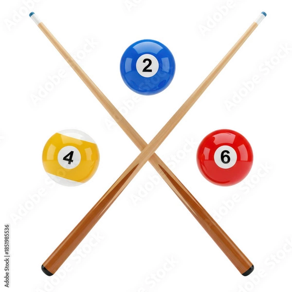 Fototapeta Pool billiard cues and balls equipment, isolated subject