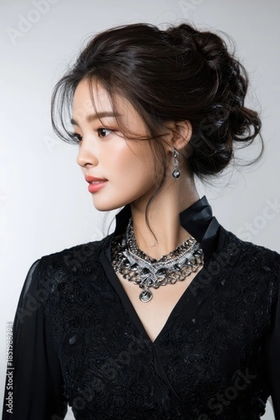 Fototapeta A woman wearing a black dress and necklace with a black collar