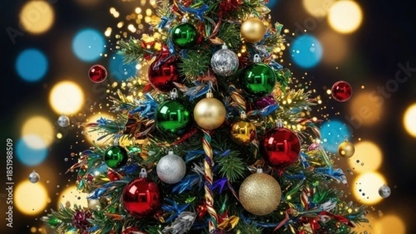 Obraz Festive Christmas Tree Decorated with colorful ornaments and sparkling lights in a warm holiday
