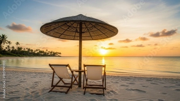 Obraz Serene Beach Scene with Two Chairs and a Sun Umbrella at Sunset