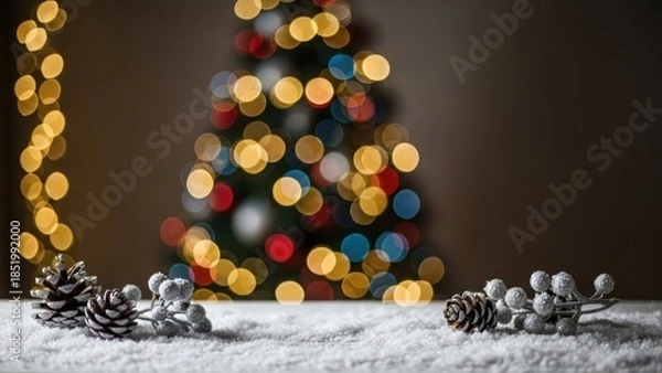 Obraz Festive holiday scene with pinecones and snow-covered decorations in front of blurred Christmas