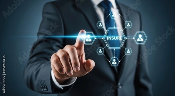 Fototapeta Businessman activating virtual insure network interface on a dark blue screen