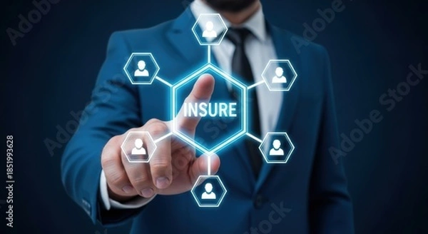 Fototapeta Businessman touching virtual screen with insure network structure on a dark digital background