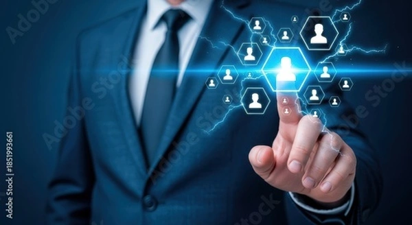 Fototapeta Businessman touching glowing human network interface with lightning bolts on a dark blue background