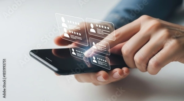 Fototapeta Hand tapping smartphone screen showing holographic customer reviews against a bright background