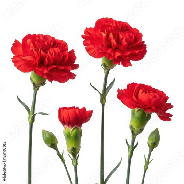 Fototapeta Four red carnations isolated on transparent background