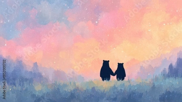 Fototapeta 夕暮れの草原に立つ二匹のクマ 水彩イラスト