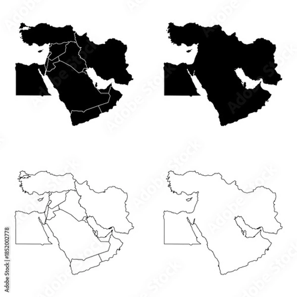 Obraz Middle East Outline and Solid Fill Map Set.