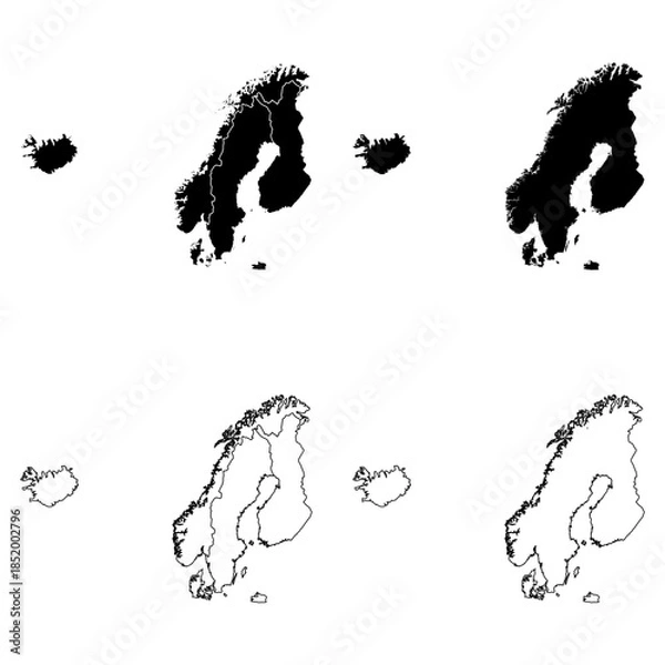 Obraz Scandinavia Outline and Solid Fill Map Set.
