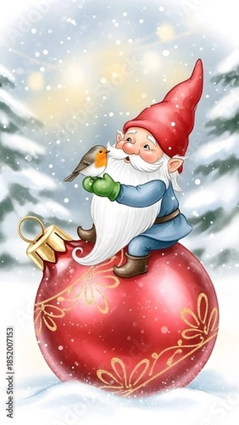 Fototapeta Charming gnome hugging a bird while sitting on a Christmas ornament  