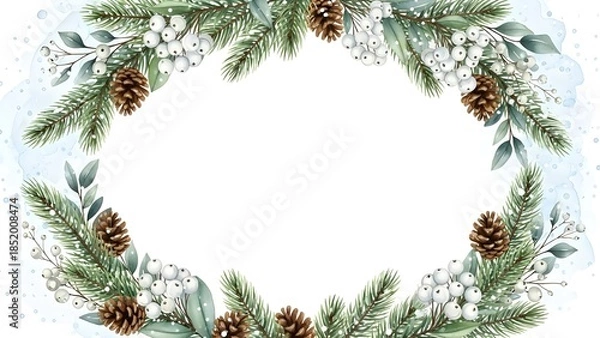 Fototapeta Winter wreath with pinecones and leaves in watercolor style  