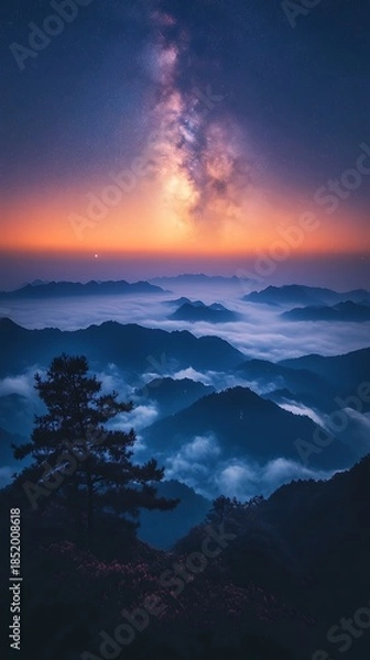 Obraz Milky Way galaxy over misty mountain peaks at sunrise twilight night sky stars