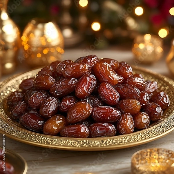 Obraz Pile of dark brown dates on ornate gold plate with bokeh lights dried fruit