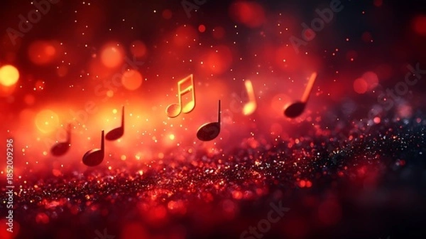 Obraz Red musical notes floating in bokeh light and glitter treble clef eighth note