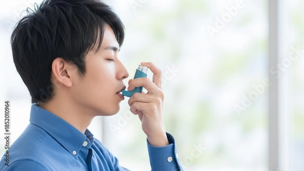 Obraz 喘息の吸入器を使用する若い日本人男性