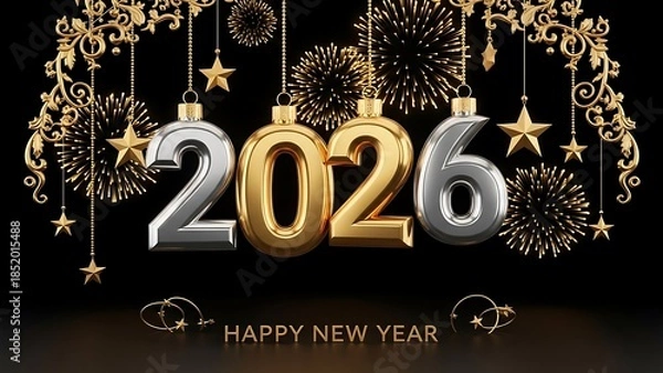 Fototapeta Happy New Year 2026 celebration with golden and silver ornaments