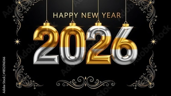 Fototapeta Happy New Year 2026 Celebration with Golden and Silver Ornaments