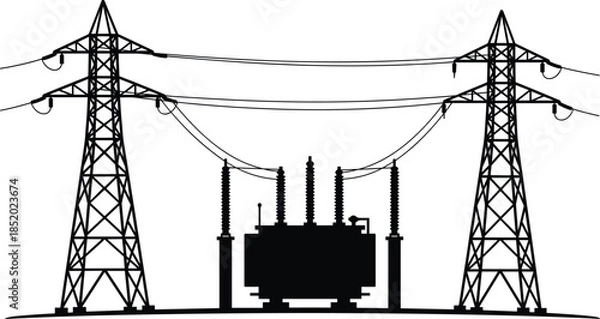 Obraz High voltage power transmission towers and electrical substation transformer silhouette, energy infrastructure grid engineering technology illustration isolated on white 