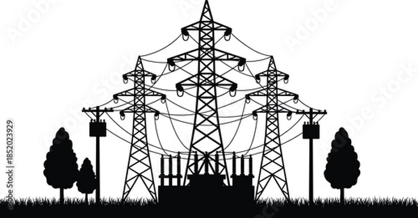 Obraz High,voltage,electricity,transmission,towers,power,grid,infrastructure,energy,distribution,substation,utility,pylons,landscape,silhouette,industrial,technology,electrical,lines,network,engineering