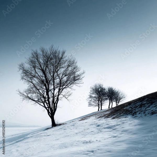 Fototapeta Bare winter tree solitary leafless tree snowy hillside group of trees cold landscape serene morning