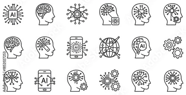 Obraz Collection of outline icons representing artificial intelligence machine learning neural networks and human brain technology