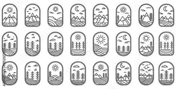 Obraz Collection of twenty-four minimalist line art nature badges featuring mountains forests and day night scenes