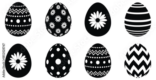Obraz Collection of eight stylized black and white patterned easter eggs for holiday design on white background