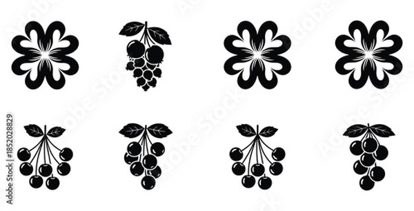 Obraz Collection of black and white stylized fruit icons including cherries and abstract floral elements on white background