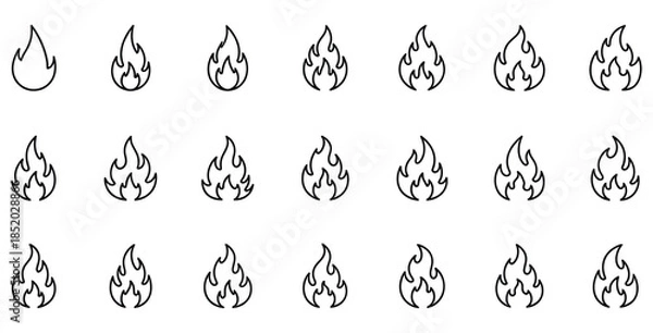 Obraz Collection of seventeen simple black outline icons representing various styles of burning fire on white background