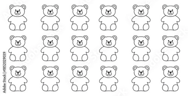 Obraz Cute teddy bear outline icons arranged in a repeating pattern perfect for coloring or craft projects