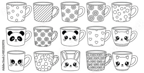 Obraz Adorable collection of kawaii animal and patterned coffee mugs perfect for coloring pages