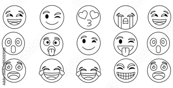 Obraz Black and white outline drawing set featuring fifteen different expressive happy face emoji icons for coloring