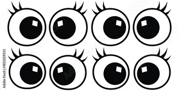 Obraz Collection of eight cute cartoon eyes with long black eyelashes isolated on a white background