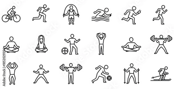 Obraz Collection of simple black outline icons representing various physical fitness activities and sports exercises