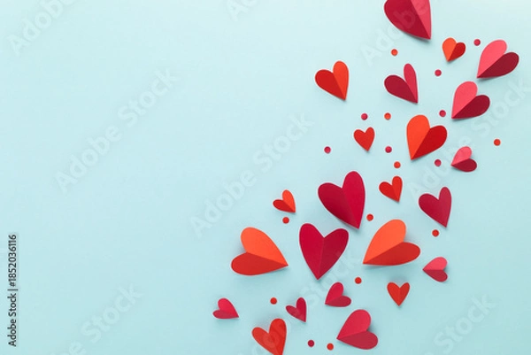 Fototapeta Saint Valentine Day red hearts decoration on blue background top view. Festive frame for love greeting and amour holiday.