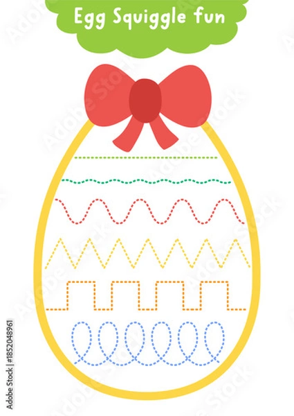 Obraz Vector Easter handwriting practice worksheet shaped as colored egg with squiggle pattern as decoration. Preschool drawing printable activity. Spring holiday tracing game