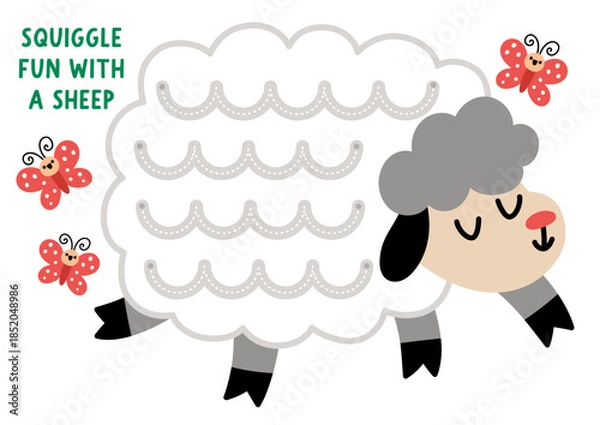 Obraz Vector Easter handwriting practice worksheet shaped as sheep with squiggles for wool pattern. Preschool drawing printable activity. Spring holiday tracing game with farm animal