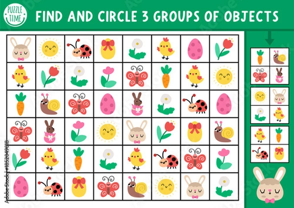 Obraz Easter seek and find game with traditional symbols. Attention training puzzle with bunny, colored egg, flower. Printable activity for kids. Spring holiday searching puzzle. Find groups of objects