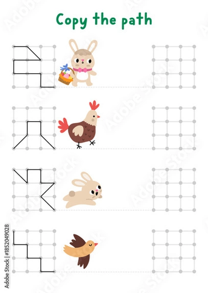 Obraz Easter drawing, writing, tracing, space orientation activity for kids with traditional characters. Draw lines in square box according example. Spring holiday printable game with bunny, hen, bird