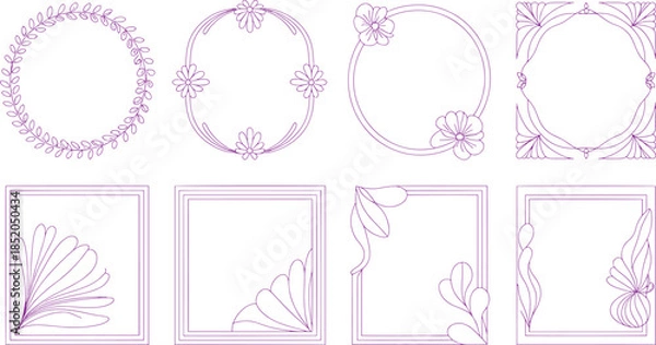 Fototapeta Purple floral and leaf patterns in circular and rectangular frames leaves