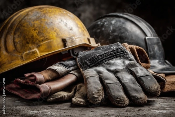 Fototapeta Construction safety gear including yellow and black helmets and various work gloves on dark surface